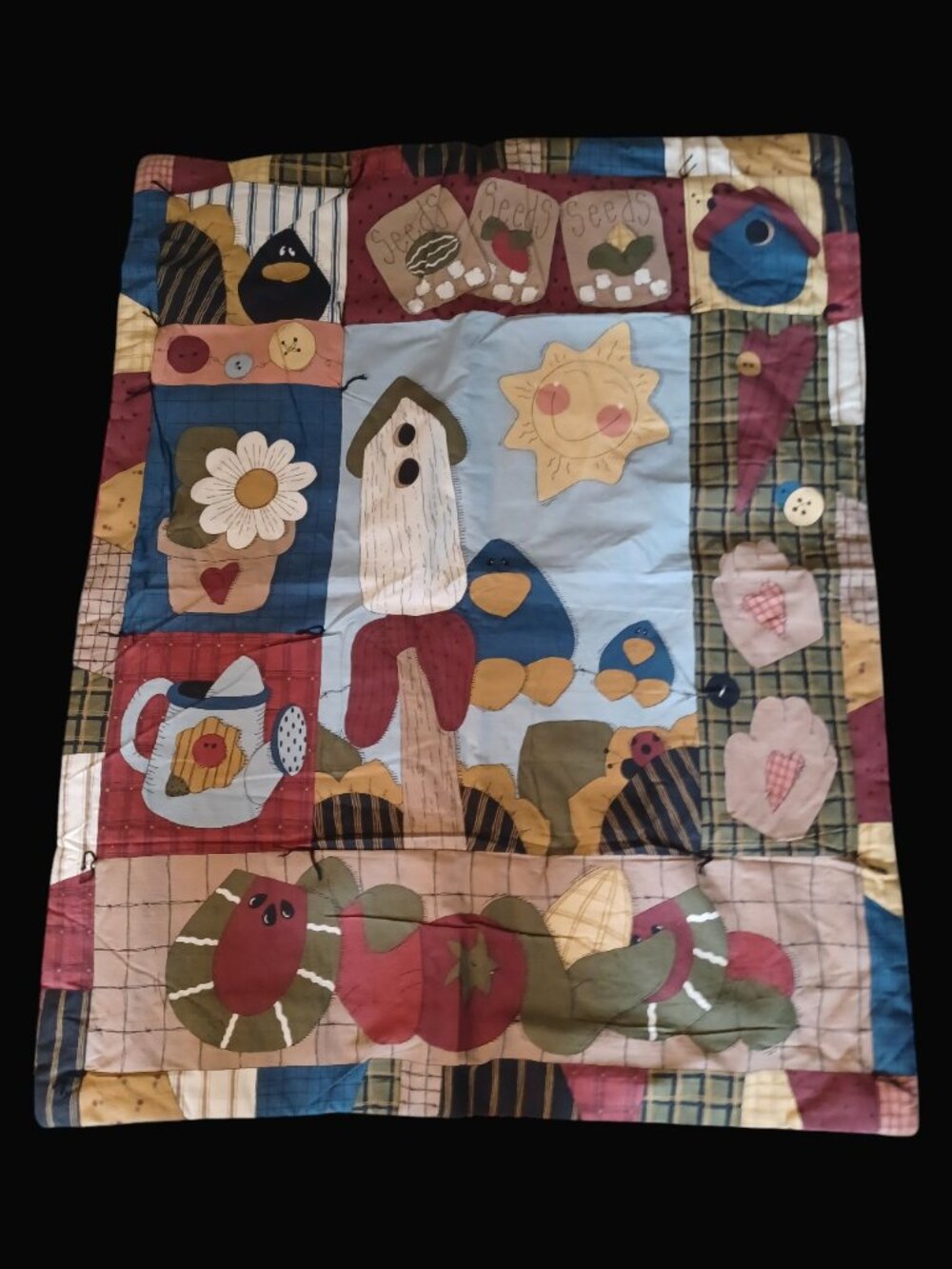 Handmade Baby Quilt Crow Farmhouse Country Patchwork Cactus Veggies 41x33 VTG
